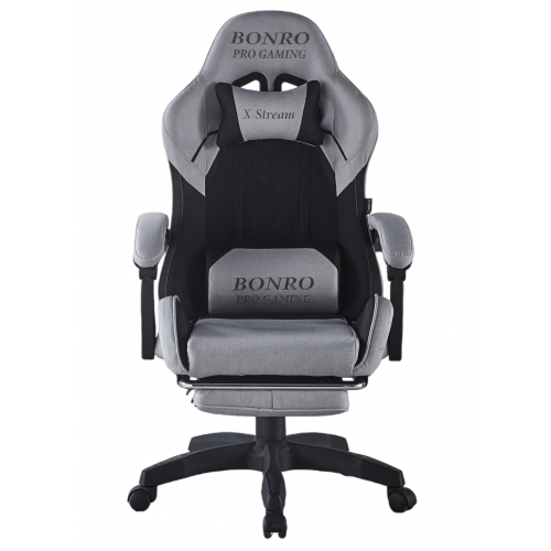 Кресло геймерское из ткани Bonro B-145 черно-серое с подставкой для ног