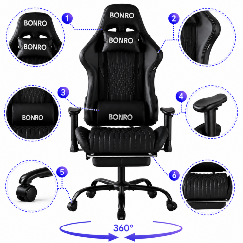 Геймерское кресло с подставкой для ног Bonro 1002G-1 черное
